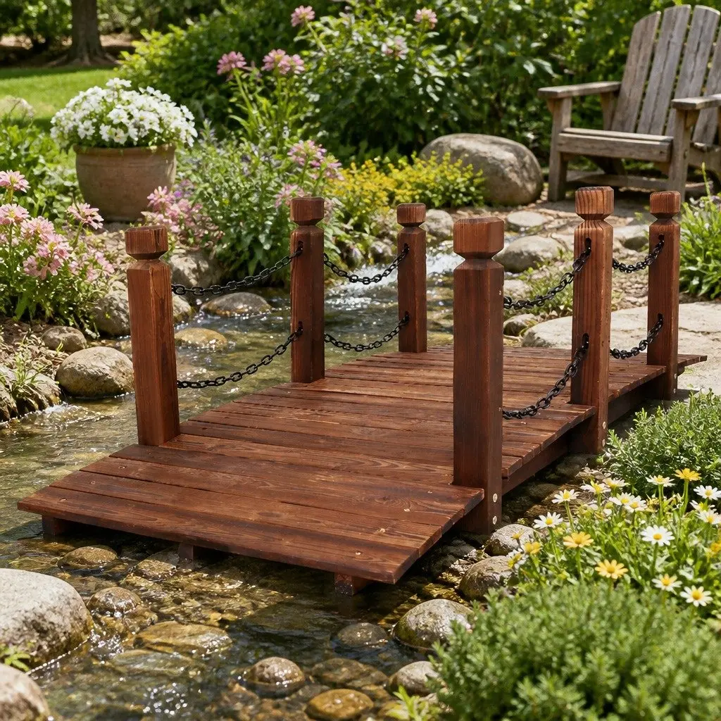 Wooden Garden Bridge Outdoor Ornament Arch Design Backyard Decor 160cm Brown