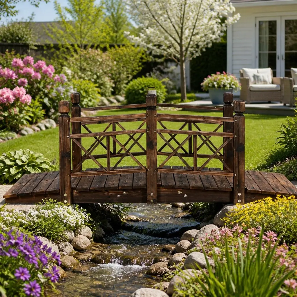 Wooden Garden Bridge 150cm Outdoor Ornament Arch Design with Railings