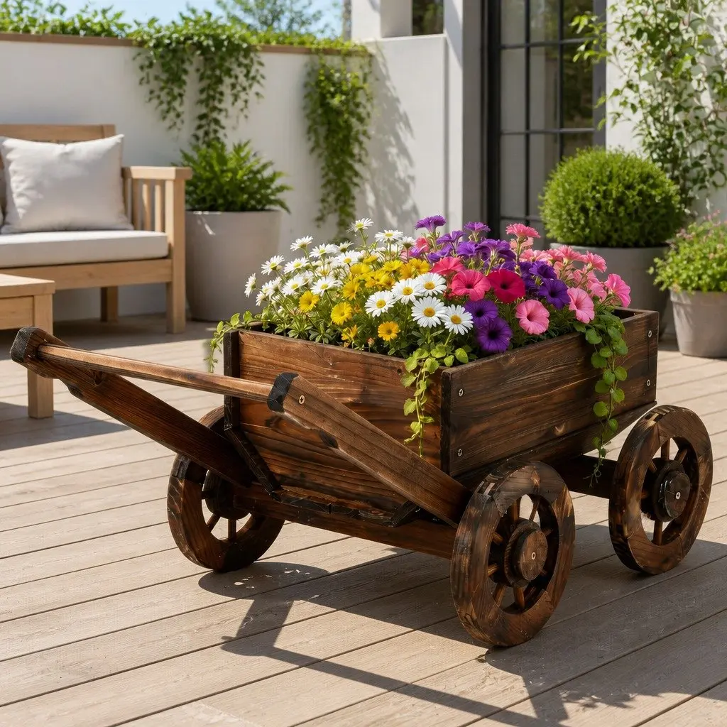 Wooden Planter Cart Natural Charred Brown Four Wheels Garden Flower Display Wagon