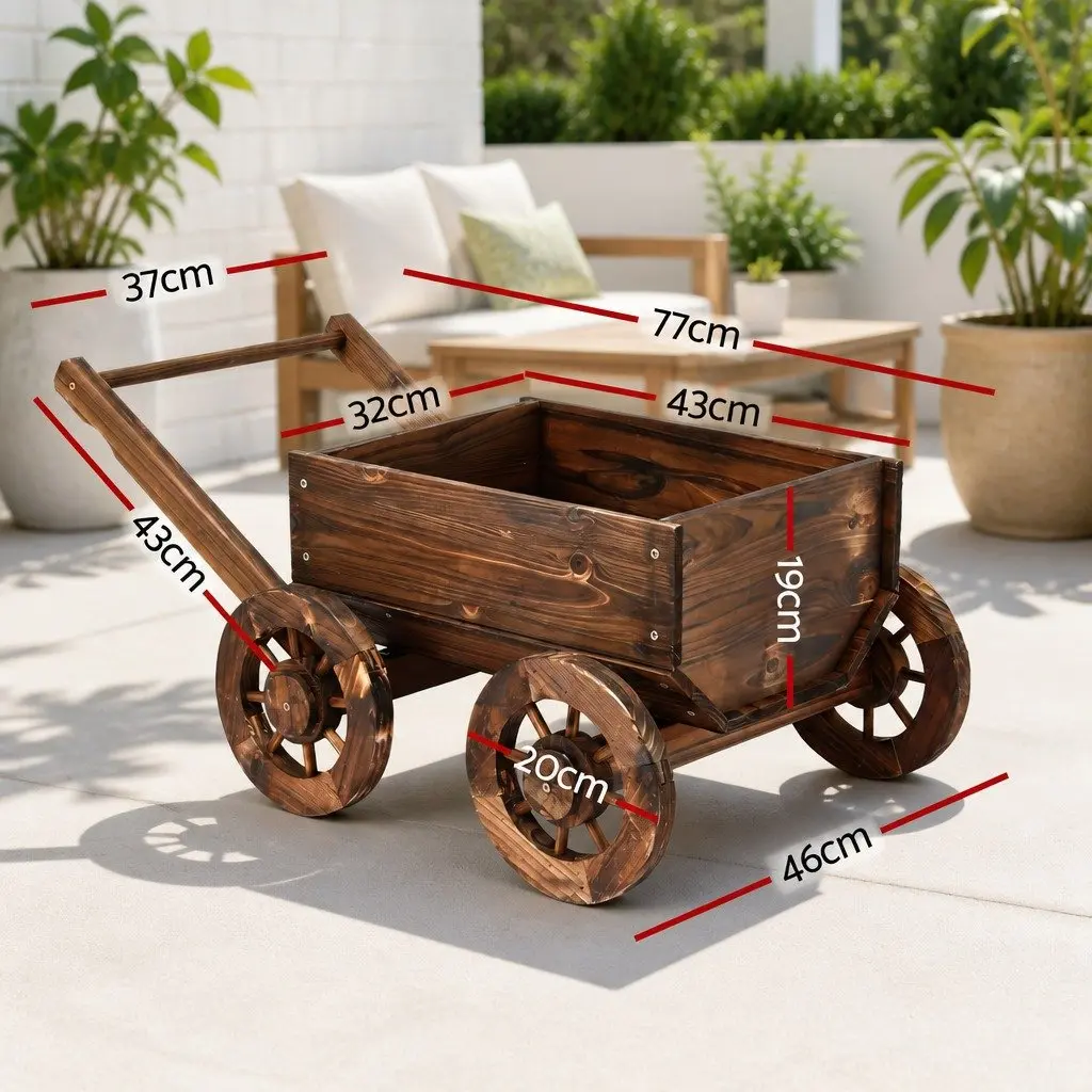 Wooden Planter Cart Natural Charred Brown Four Wheels Garden Flower Display Wagon