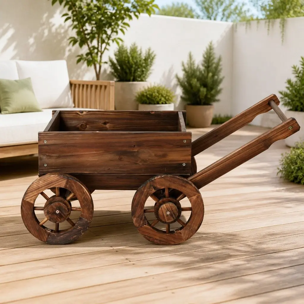 Wooden Planter Cart Natural Charred Brown Four Wheels Garden Flower Display Wagon