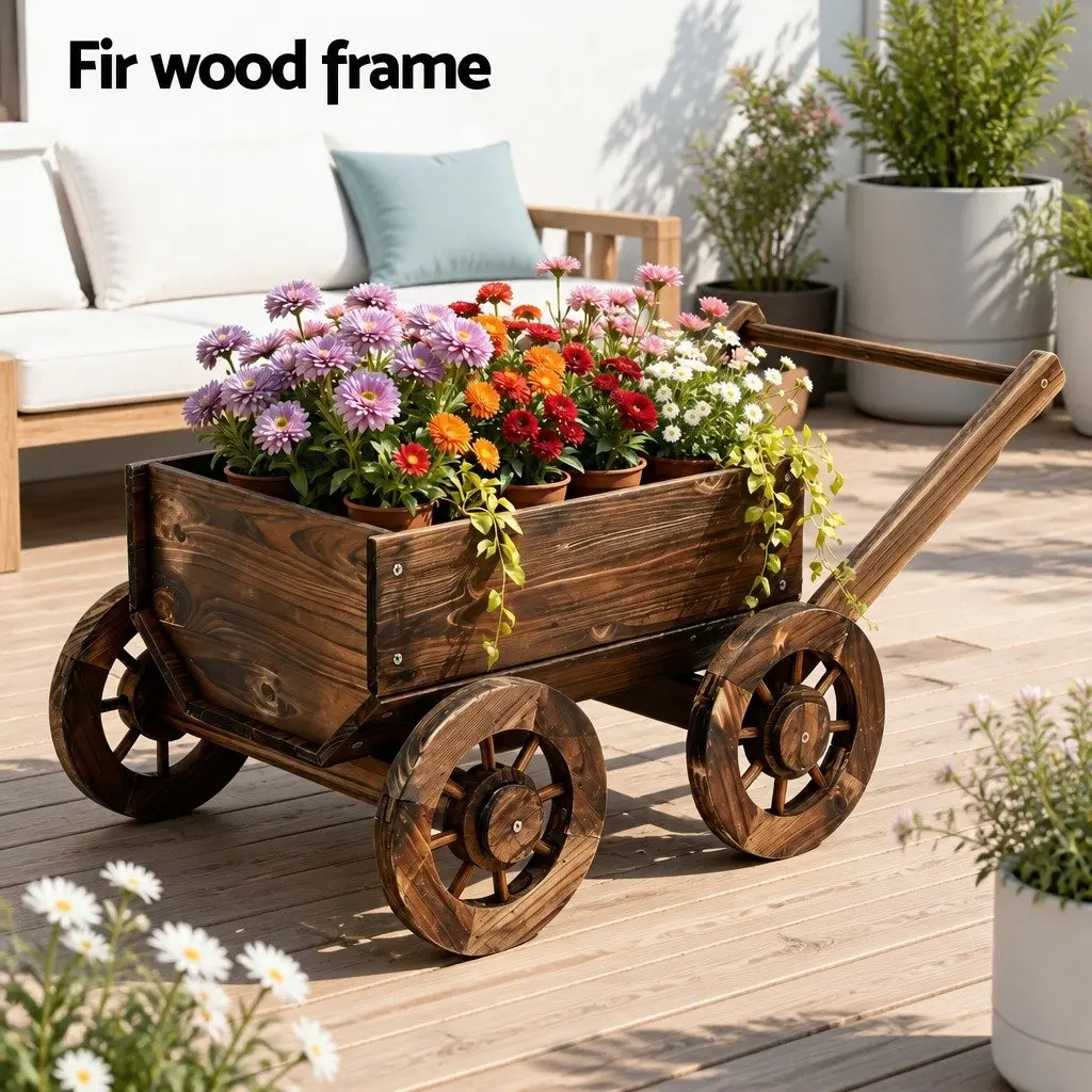 Wooden Planter Cart Natural Charred Brown Four Wheels Garden Flower Display Wagon