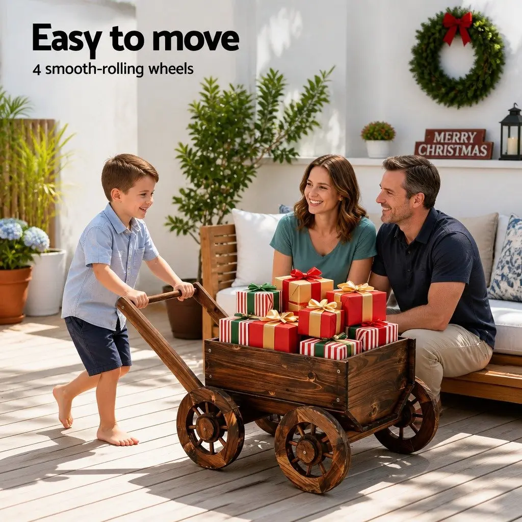 Wooden Planter Cart Natural Charred Brown Four Wheels Garden Flower Display Wagon