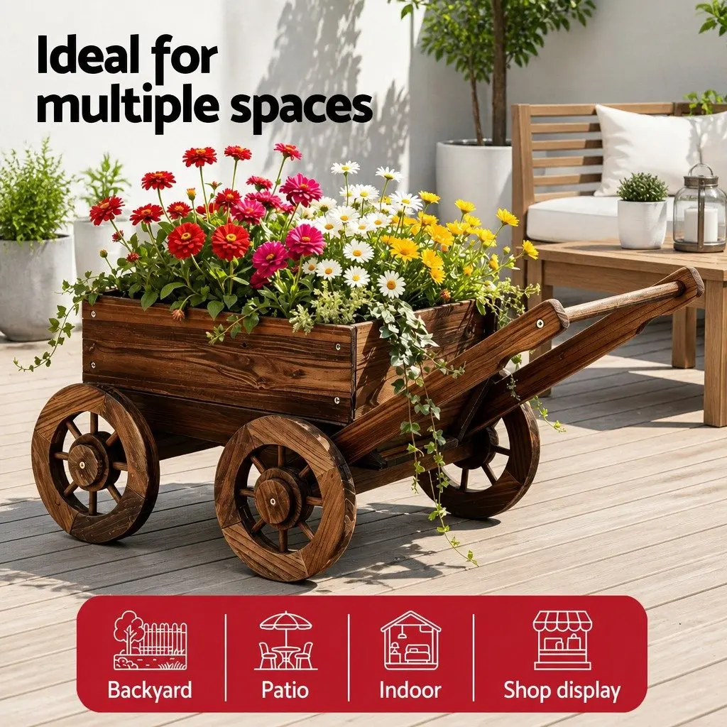 Wooden Planter Cart Natural Charred Brown Four Wheels Garden Flower Display Wagon
