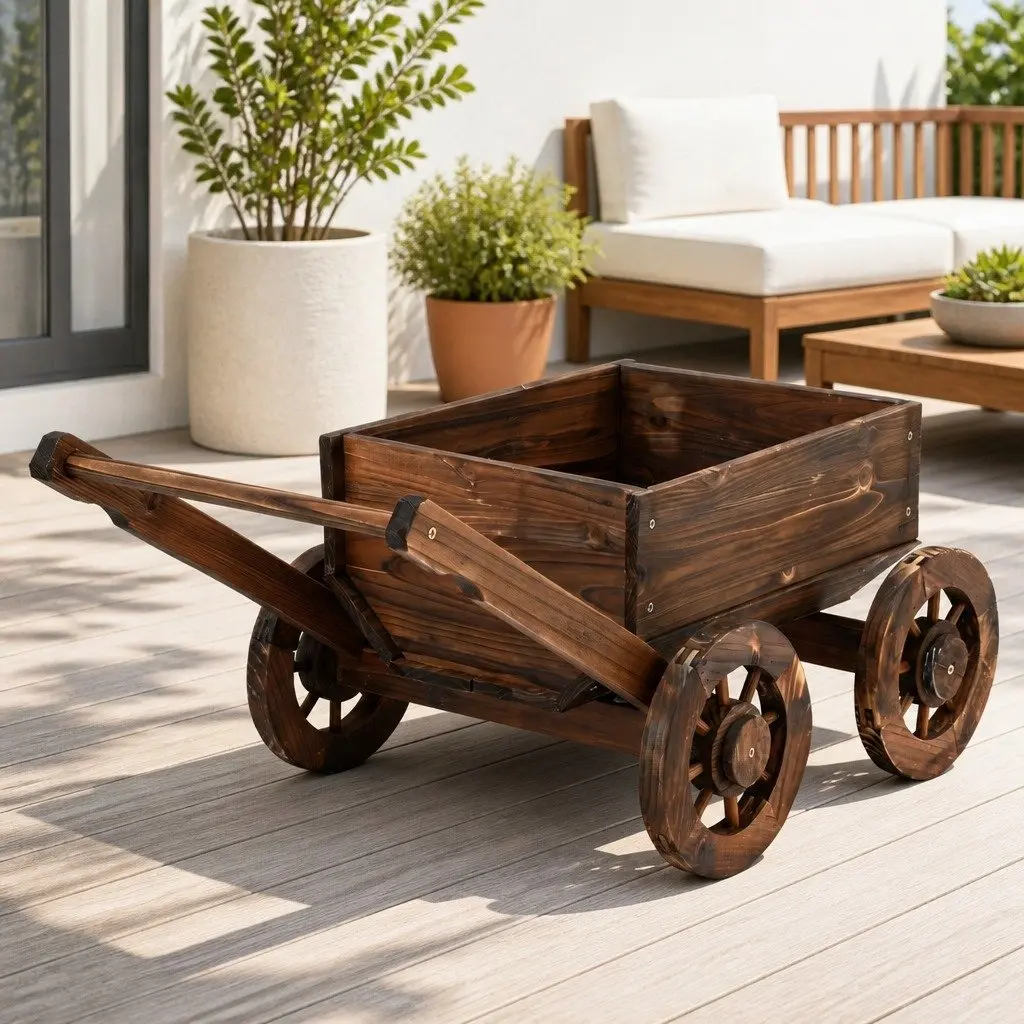 Wooden Planter Cart Natural Charred Brown Four Wheels Garden Flower Display Wagon