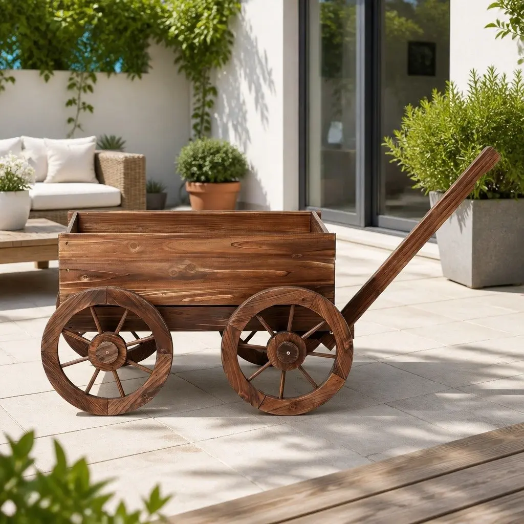 Wooden Planter Cart Garden Flower Wagon Display Stand Four Wheels Outdoor Decor