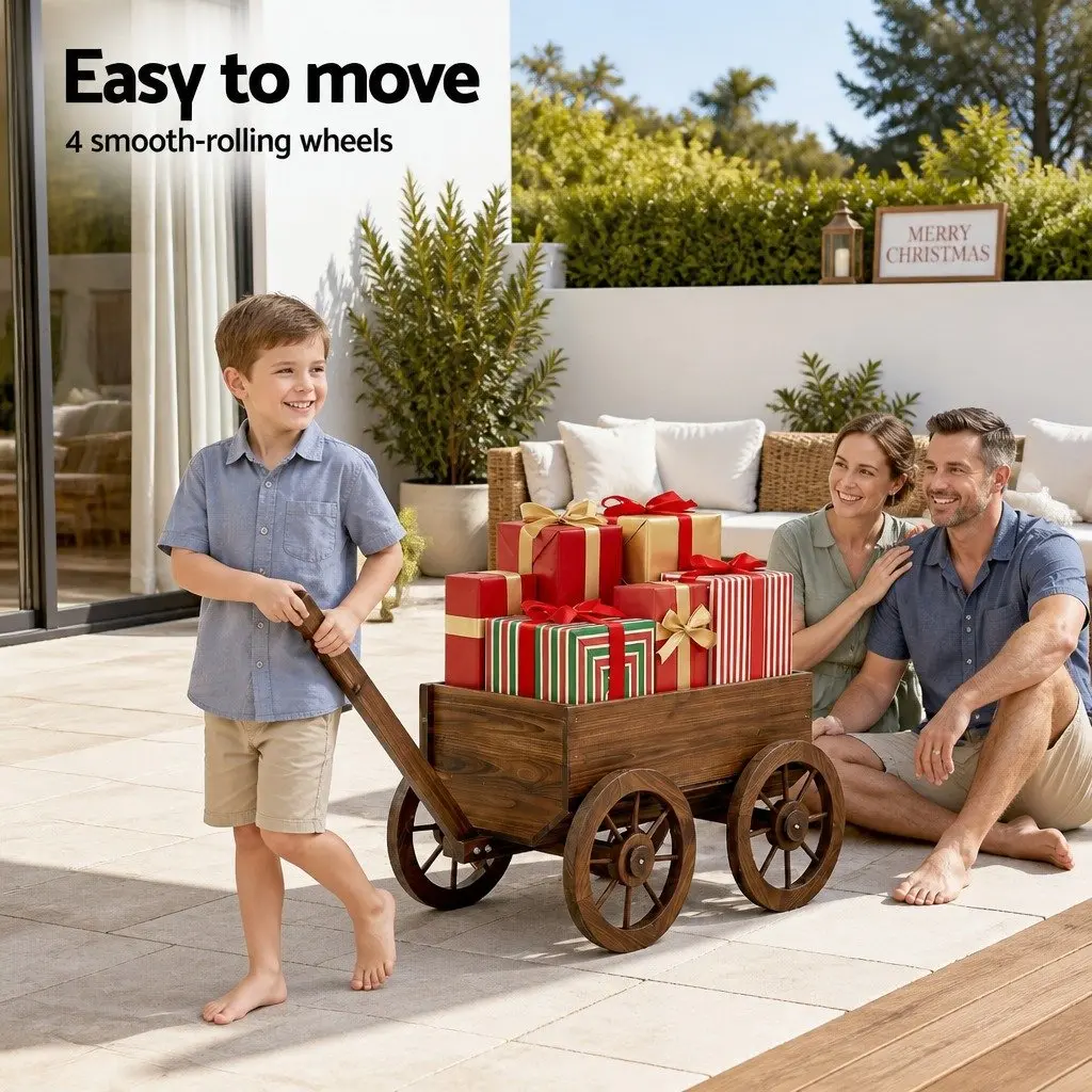Wooden Planter Cart Garden Flower Wagon Display Stand Four Wheels Outdoor Decor