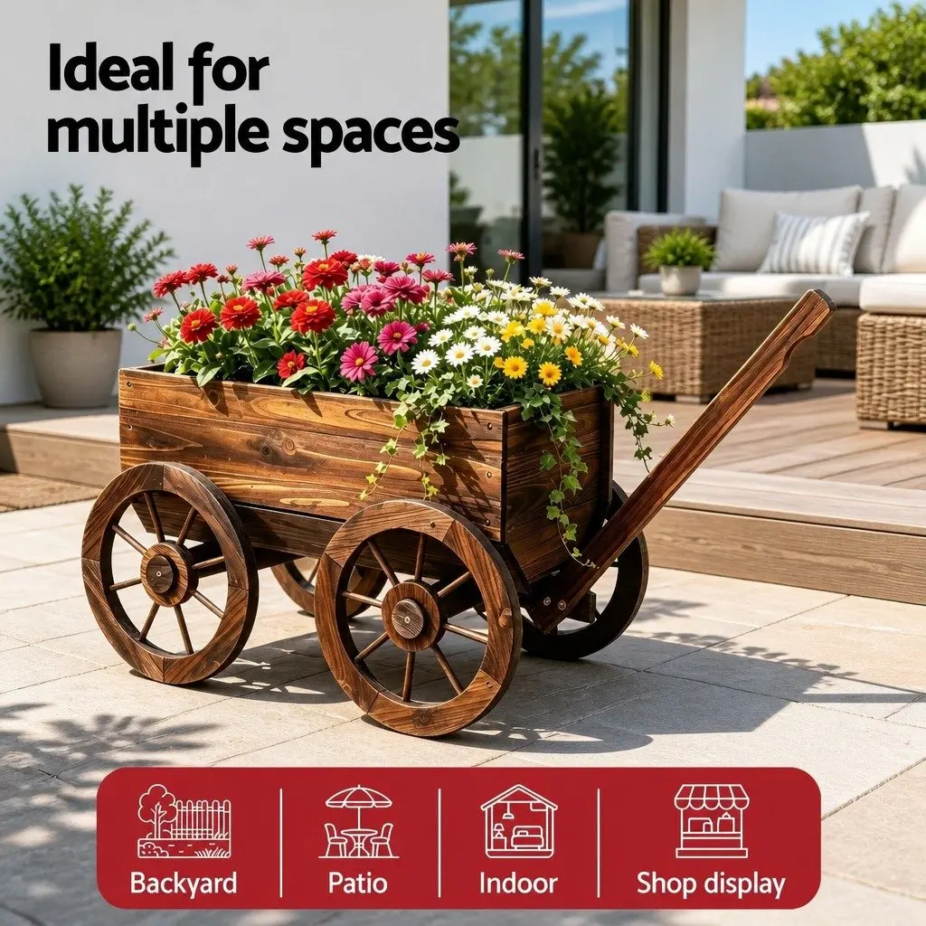 Wooden Planter Cart Garden Flower Wagon Display Stand Four Wheels Outdoor Decor