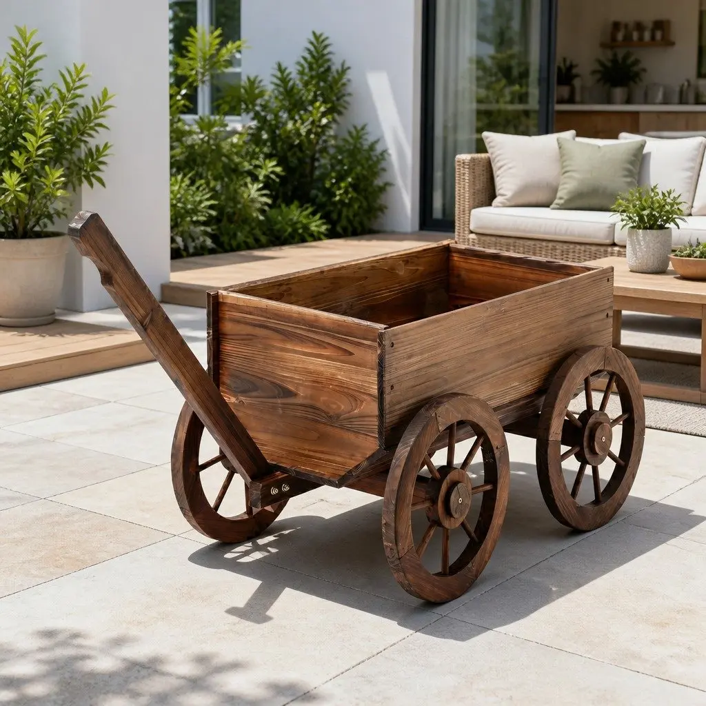 Wooden Planter Cart Garden Flower Wagon Display Stand Four Wheels Outdoor Decor