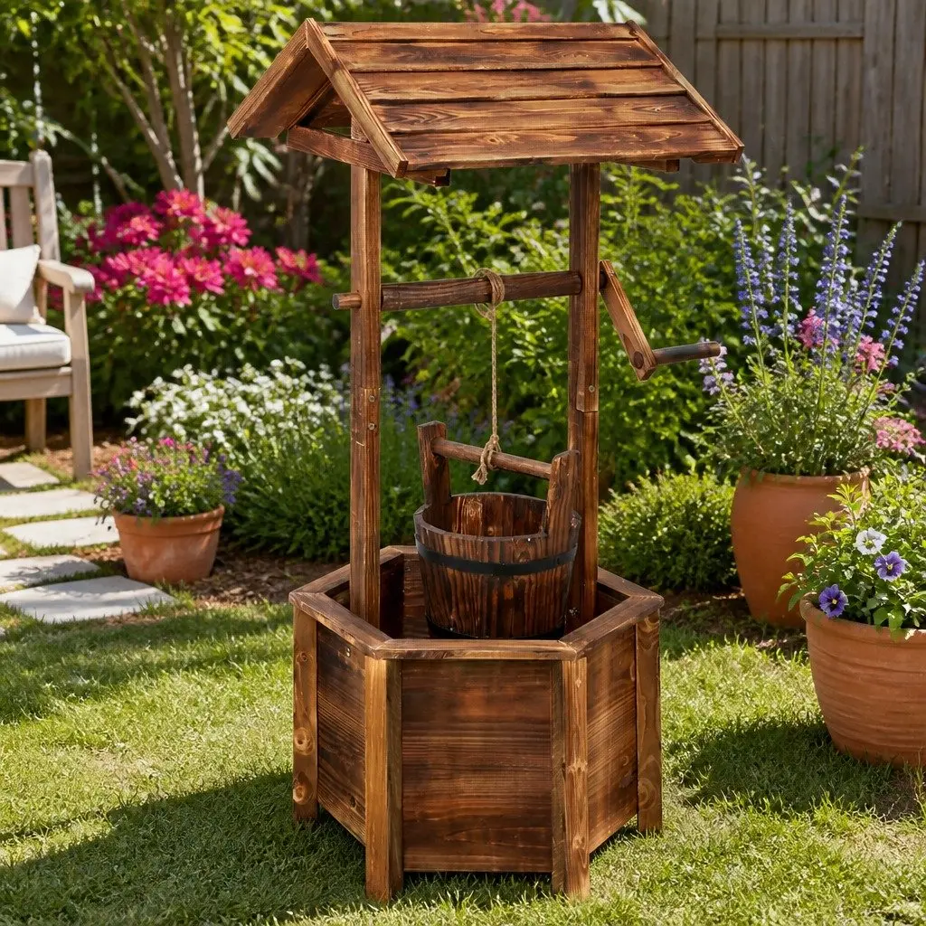 Rustic Wooden Garden Wishing Well Ornament Hexagonal Base Outdoor Decoration 53x46x100cm