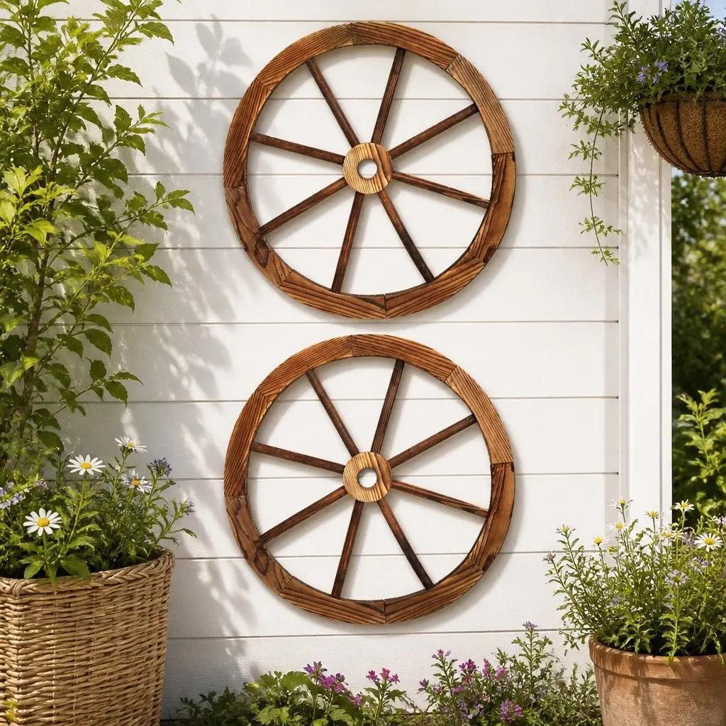 Wooden Wagon Wheel Garden Ornament Rustic Decor 60cm Durable Indoor Outdoor Feature