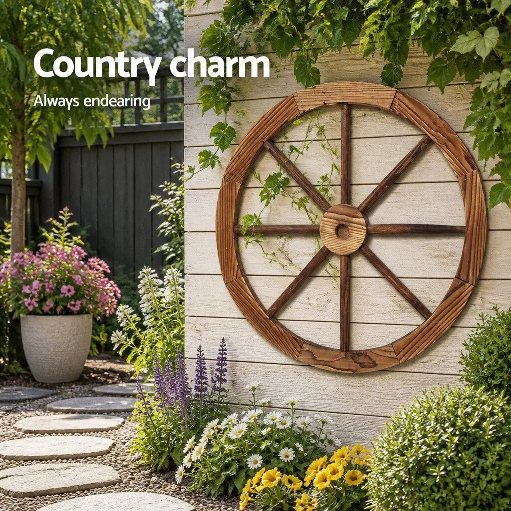 Wooden Wagon Wheel Garden Ornament Rustic Decor 60cm Durable Indoor Outdoor Feature