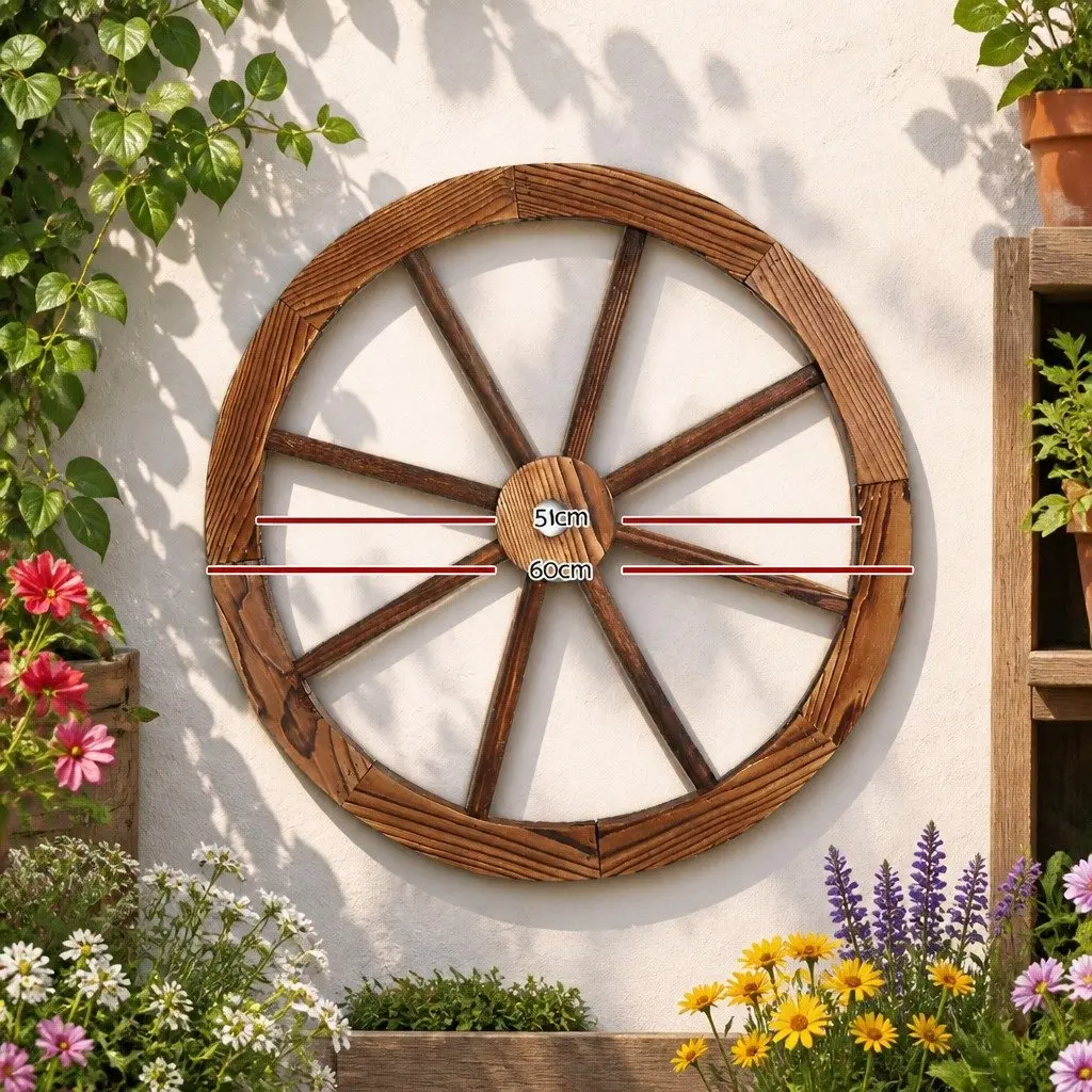 Wooden Wagon Wheel Garden Ornament Rustic 60cm Indoor Outdoor Decor