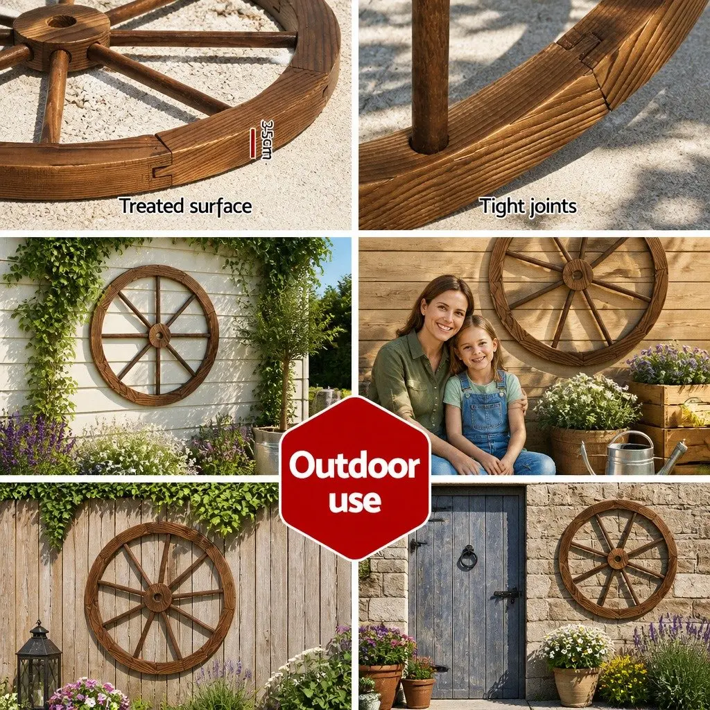 Wooden Wagon Wheel Garden Ornament Rustic 60cm Indoor Outdoor Decor