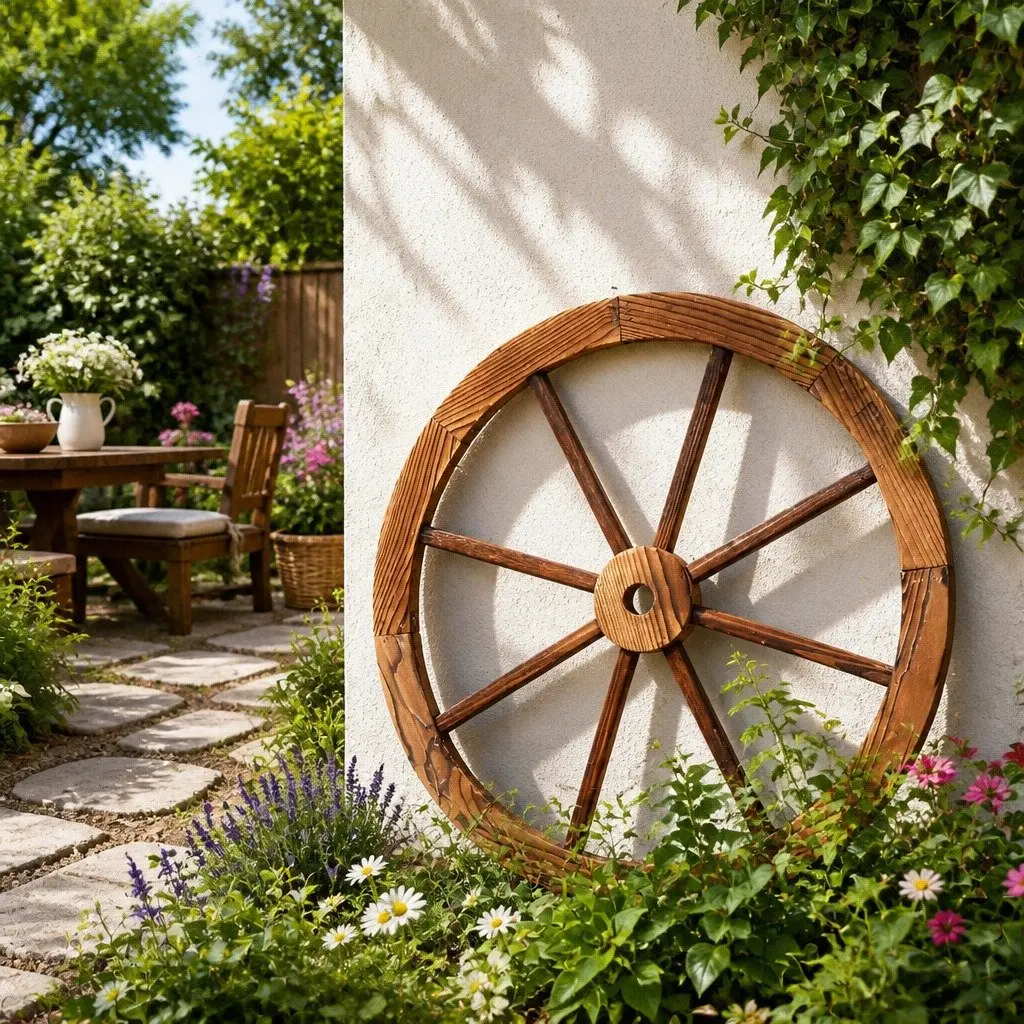 Wooden Wagon Wheel Garden Ornament Rustic 60cm Indoor Outdoor Decor