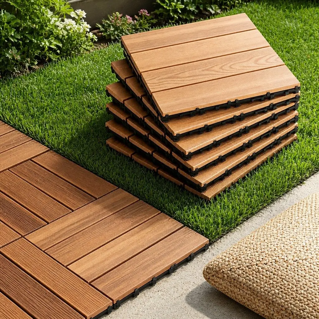 Wood Deck Tiles Brown 30x30cm Interlocking Click-Lock Slip-Resistant Surface