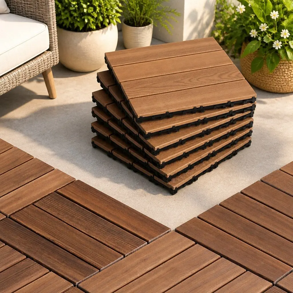 Wood Deck Tiles Brown 30x30cm Interlocking Click-Lock Slip-Resistant Surface