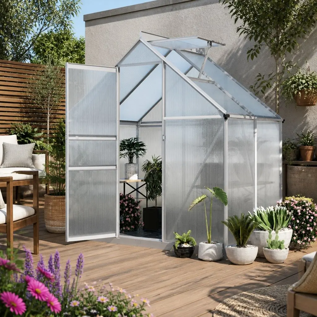 Greenhouse Aluminium Polycarbonate 1.3M x 1.9M x 2.0M Garden Storage Shed