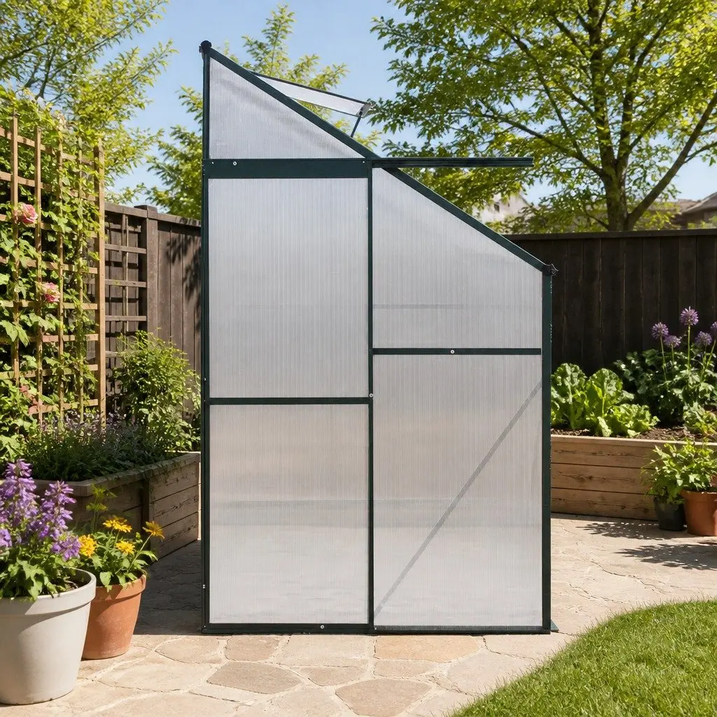 Aluminium Green Lean-to Greenhouse 2.52x1.27x2.13M with 4mm Polycarbonate Panels and Adjustable Roof Vents