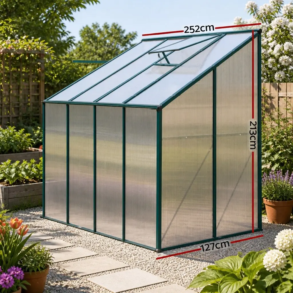 Aluminium Green Lean-to Greenhouse 2.52x1.27x2.13M with 4mm Polycarbonate Panels and Adjustable Roof Vents