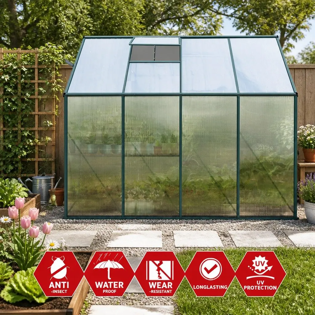 Aluminium Green Lean-to Greenhouse 2.52x1.27x2.13M with 4mm Polycarbonate Panels and Adjustable Roof Vents