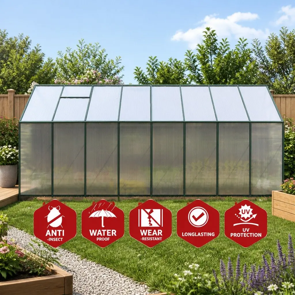 Greenhouse Green 5.1x2.44x2.1M Aluminium Polycarbonate Structure with Hinged Door and Adjustable Roof Vent