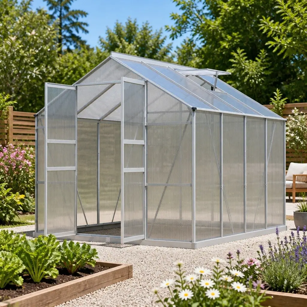 Greenhouse Silver 2.42x2.5x2.26M Double Doors UV-Resistant Polycarbonate Panels Aluminium Frame
