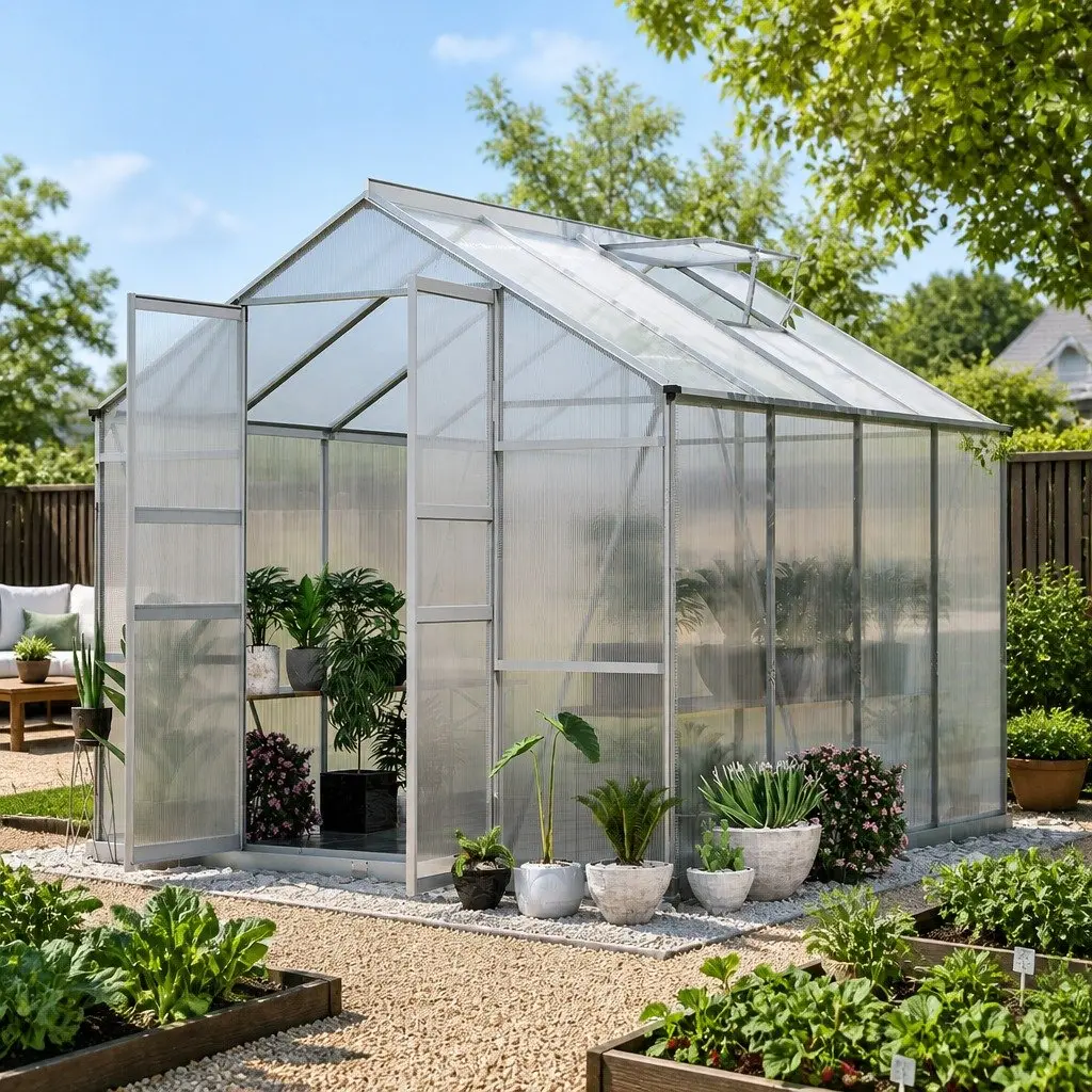 Greenhouse Silver 2.42x2.5x2.26M Double Doors UV-Resistant Polycarbonate Panels Aluminium Frame