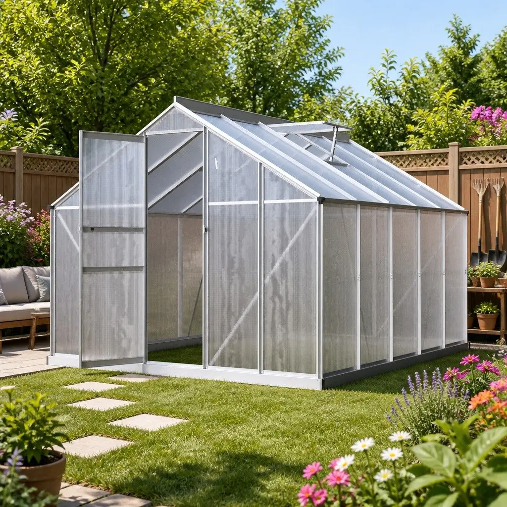 Aluminium Greenhouse Green 3x2.5x1.95M Double-Walled UV-Resistant Polycarbonate Structure with Adjustable Roof Vents