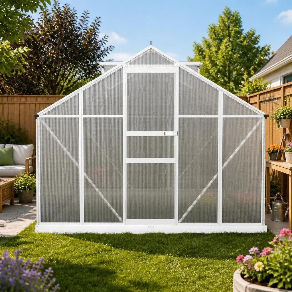 Aluminium Greenhouse Green 3x2.5x1.95M Double-Walled UV-Resistant Polycarbonate Structure with Adjustable Roof Vents