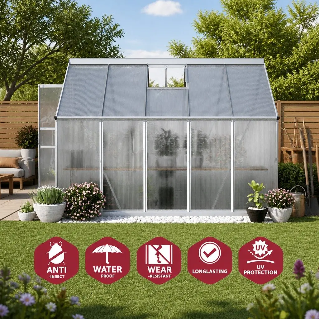 Aluminium Greenhouse Green 3x2.5x1.95M Double-Walled UV-Resistant Polycarbonate Structure with Adjustable Roof Vents