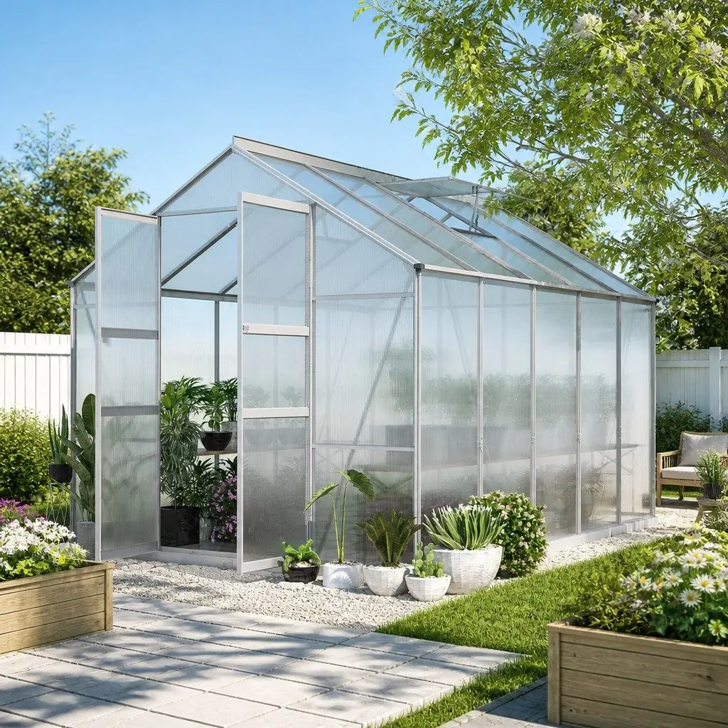 Aluminium Greenhouse Green 3x2.5x2.26M Double Doors Polycarbonate Panels Adjustable Roof Vents Integrated Gutter System