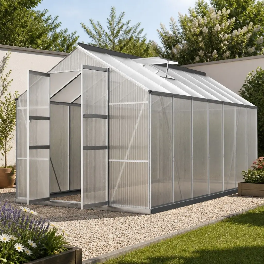 Aluminium Greenhouse Green 4.1x2.5x2.26M Twin-wall Polycarbonate Panels Double Doors