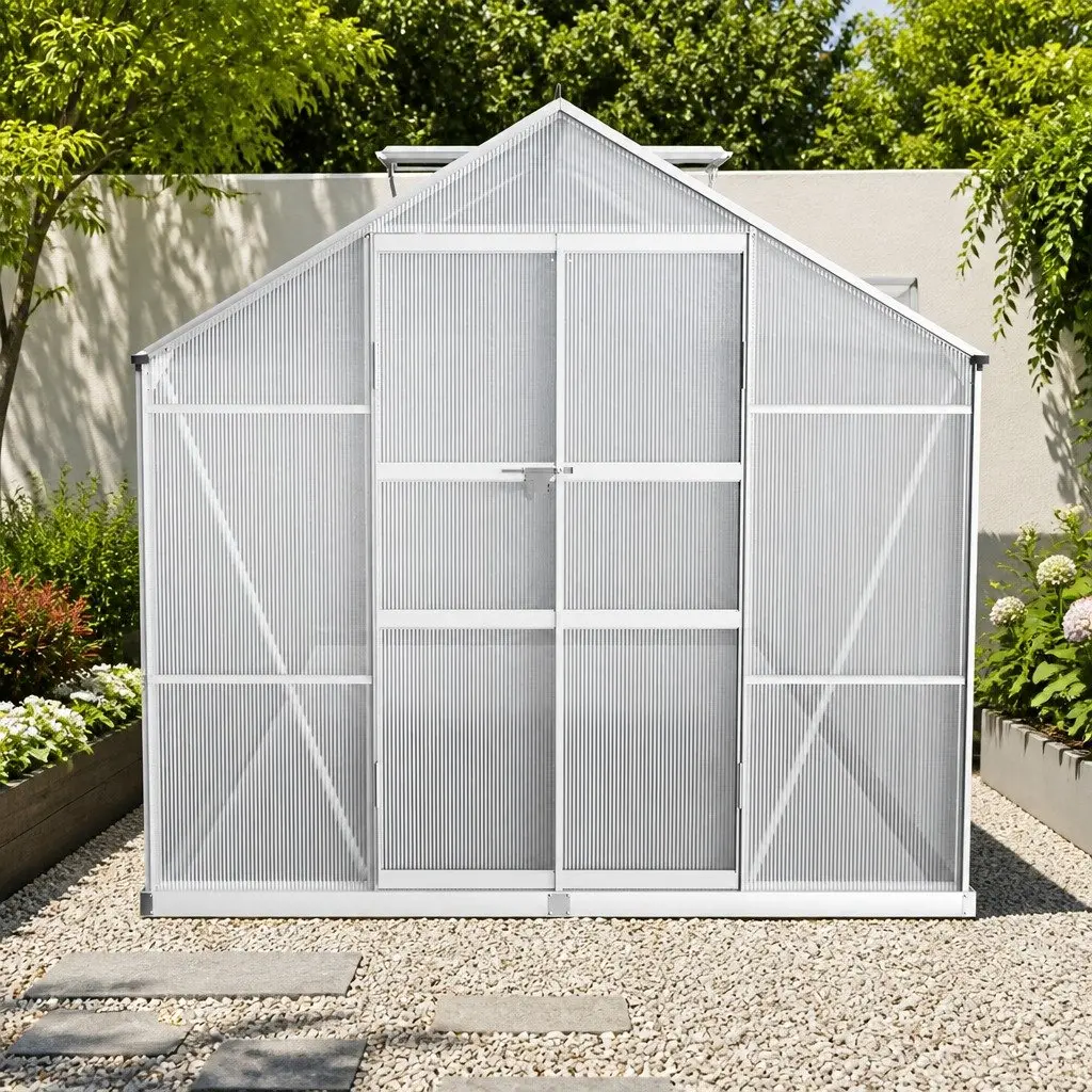 Aluminium Greenhouse Green 4.1x2.5x2.26M Twin-wall Polycarbonate Panels Double Doors
