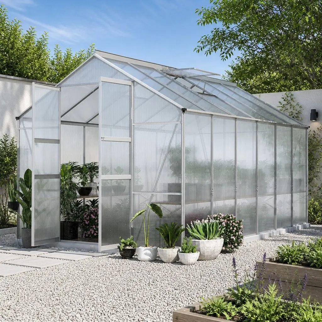Aluminium Greenhouse Green 4.1x2.5x2.26M Twin-wall Polycarbonate Panels Double Doors