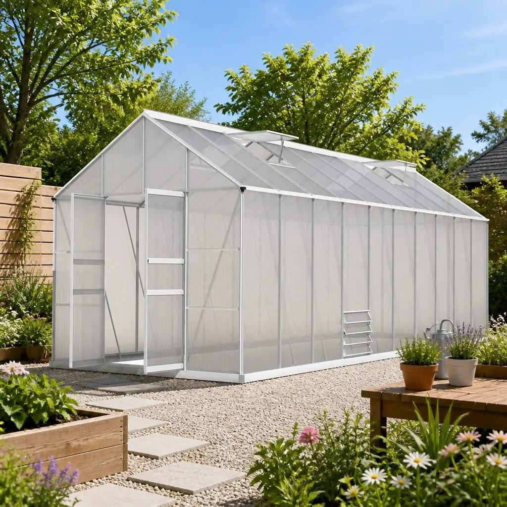 Aluminium Greenhouse Silver 6.03x2.44x2.68M Double Doors Twin-Wall Polycarbonate Panels Adjustable Roof Vents