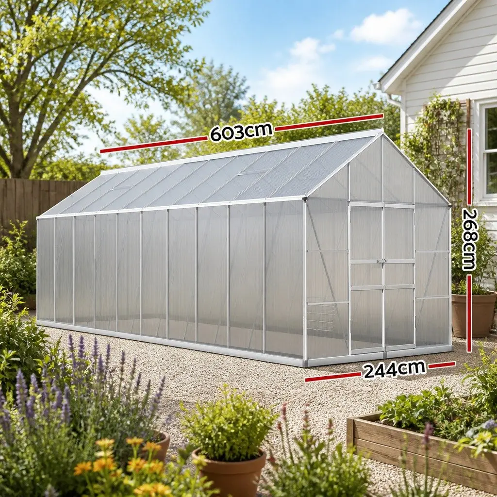 Aluminium Greenhouse Silver 6.03x2.44x2.68M Double Doors Twin-Wall Polycarbonate Panels Adjustable Roof Vents