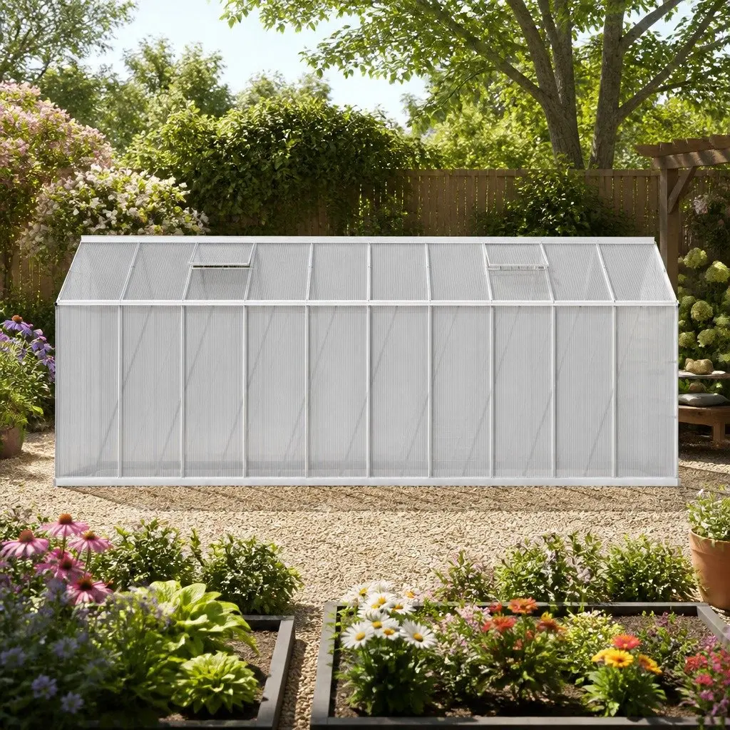 Aluminium Greenhouse Silver 6.03x2.44x2.68M Double Doors Twin-Wall Polycarbonate Panels Adjustable Roof Vents