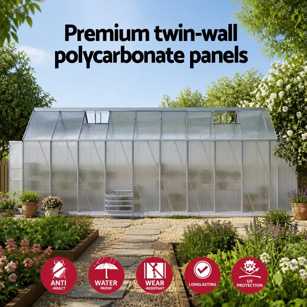 Aluminium Greenhouse Silver 6.03x2.44x2.68M Double Doors Twin-Wall Polycarbonate Panels Adjustable Roof Vents