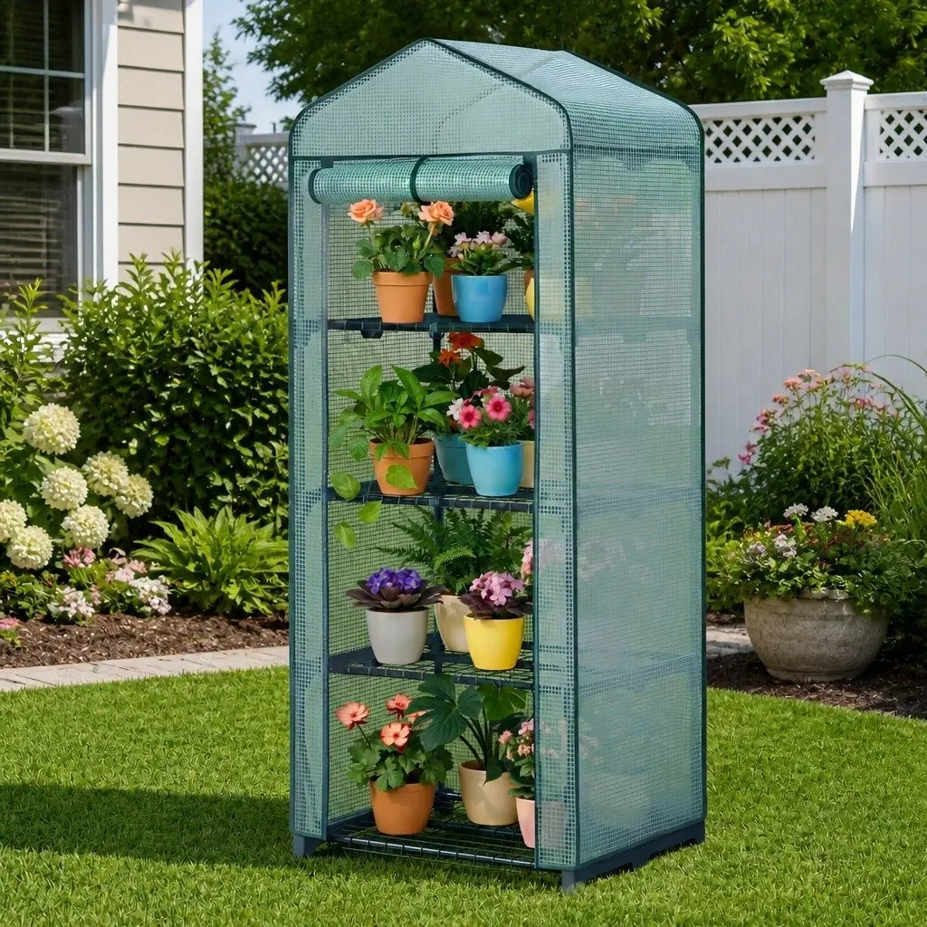 Greenhouse Green 4 Tier Portable Mini Plant Shelf Outdoor Growing House