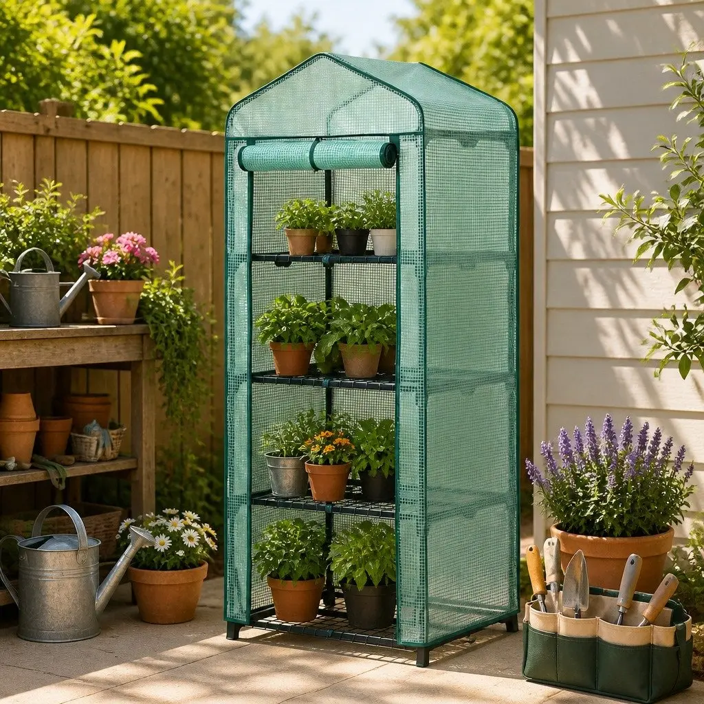 Greenhouse Green 4 Tier Portable Mini Plant Shelf Outdoor Growing House