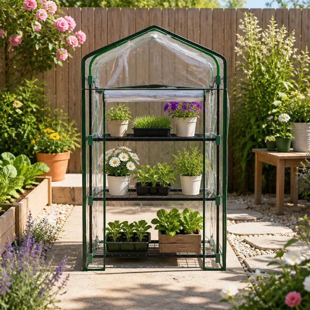 Mini Greenhouse Green 3 Tier Plant Shelves Waterproof PVC Cover