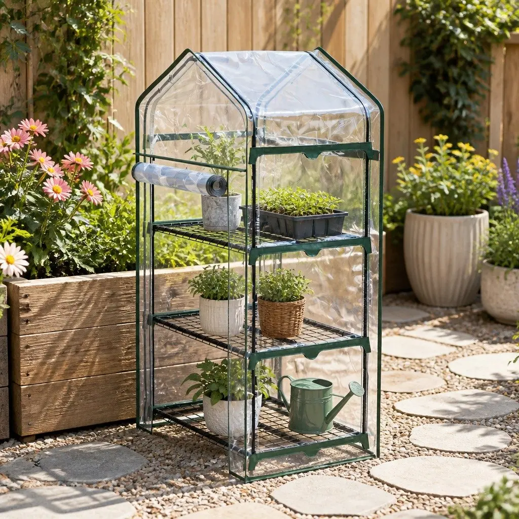 Mini Greenhouse Green 3 Tier Plant Shelves Waterproof PVC Cover