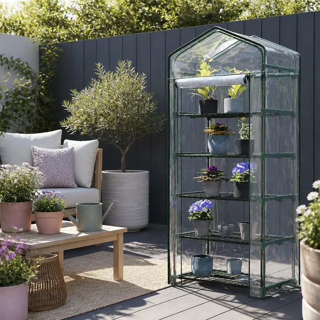 Greenhouse Green 5 Tier Mini Garden Bed Planter Box with Roll-Up Door for Deck Patio