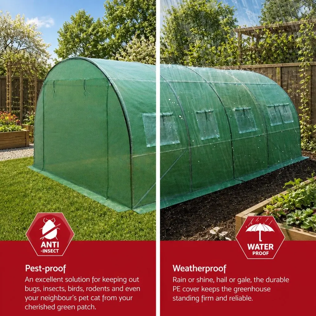 Tunnel Greenhouse Green 4x3x2M Walk-In Plant House PE Cover Steel Frame Windows