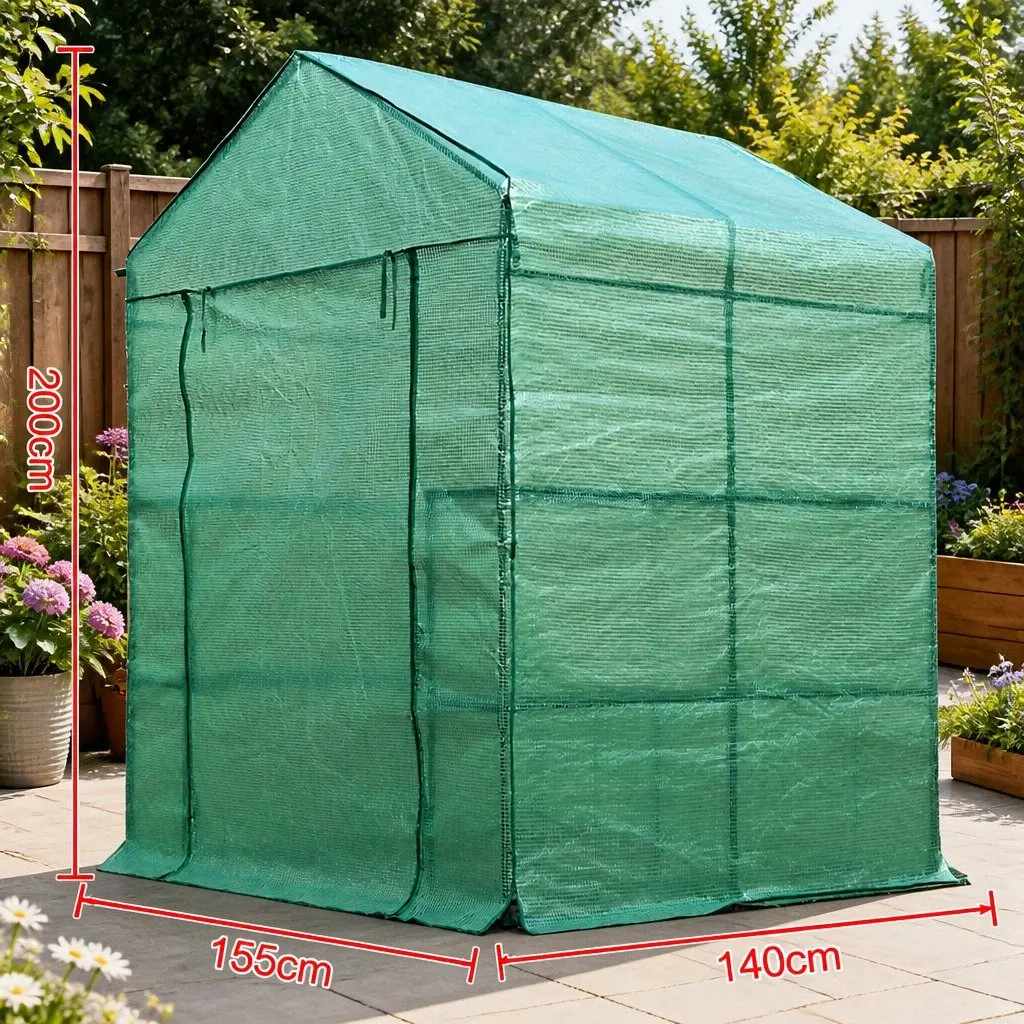 Walk-In Greenhouse Green 1.4x1.55x2M Portable with 8 Shelves and Removable Cover for Garden Plant Shed