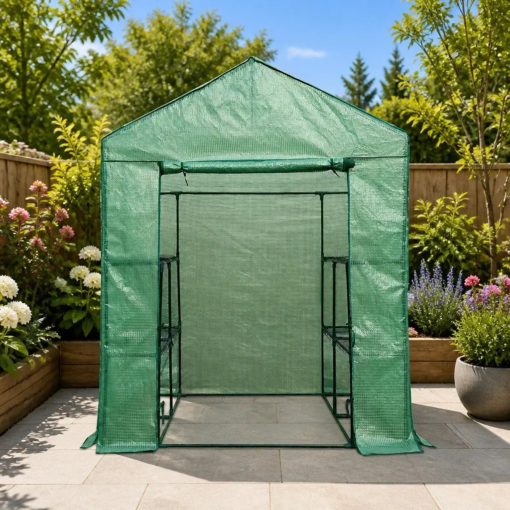 Walk-In Greenhouse Green 1.4x1.55x2M Portable with 8 Shelves and Removable Cover for Garden Plant Shed