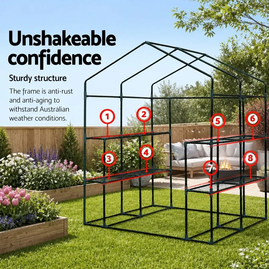 Walk-In Greenhouse Green 1.4x1.55x2M Portable with 8 Shelves and Removable Cover for Garden Plant Shed