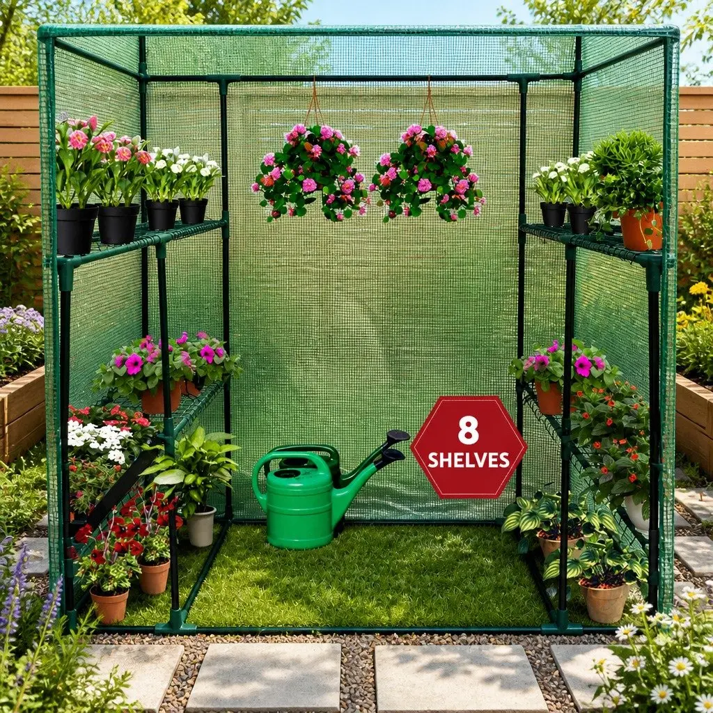 Walk-In Greenhouse Green 1.4x1.55x2M Portable with 8 Shelves and Removable Cover for Garden Plant Shed