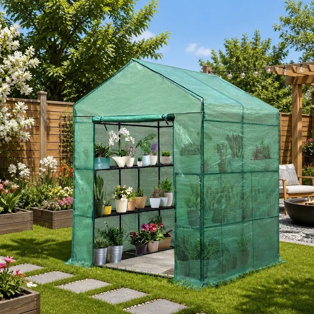 Walk-In Greenhouse Green 1.4x1.55x2M Portable with 8 Shelves and Removable Cover for Garden Plant Shed